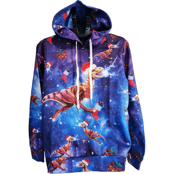 Christmas/Holiday Dinosaur w/Santa Hat Drawstring Hooded Sweatshirt, Women's M - Picture 1 of 8